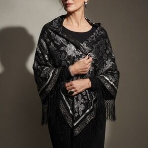 Elegant Black and Silver Floral Shawl
